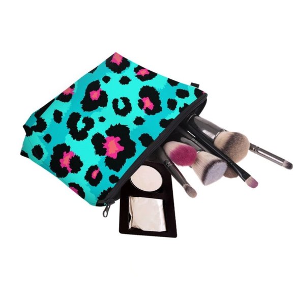 New Aqua Leopard Cosmetic Bag Clutch - Picture 3 of 5